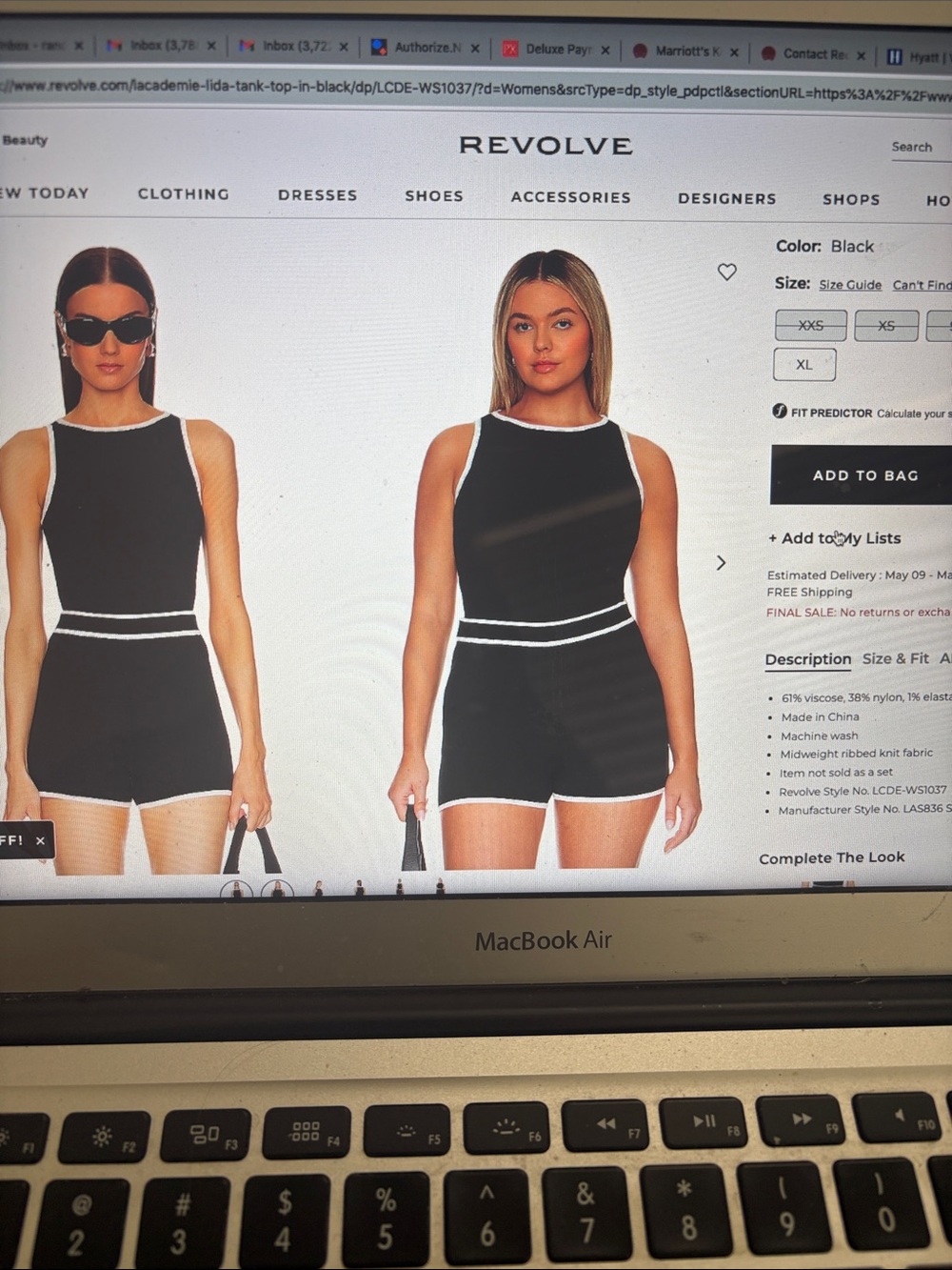 REVOLVE Black High-Waist Knit Shorts and tank with White Trim. Two piece set.